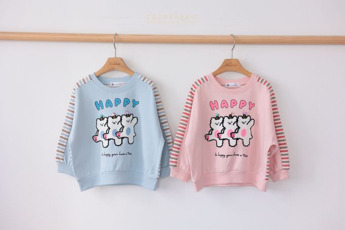 韓國 Coco rabbit - 跳舞小熊橫紋配色長袖上衣-天空藍