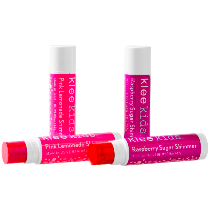 美國 Klee Kids - 糖果明星彩妝組-芭比粉礦物眼影盒(2g)+櫻花粉礦物腮紅盒(3.5g)+粉檸檬亮光潤唇膏(4.2g)+寶貝紅亮光潤唇膏(4.2g)+雙頭眼影棒+腮紅刷(共6件)