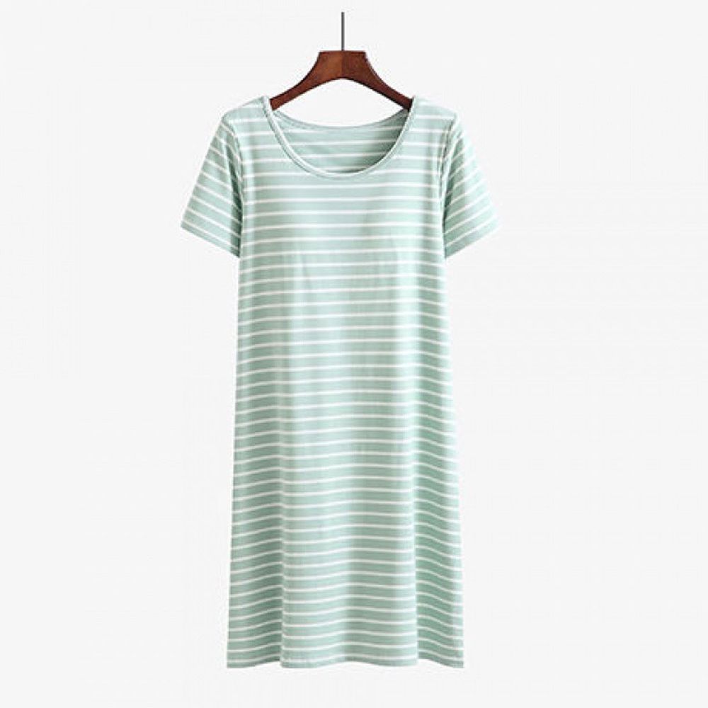 莫代爾柔軟涼感Bra T條紋睡裙-綠白條紋