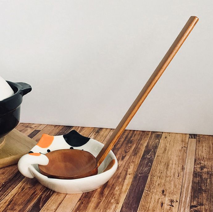 日本霜山 - 貓咪造型陶瓷彩釉碟型鍋勺/湯勺架