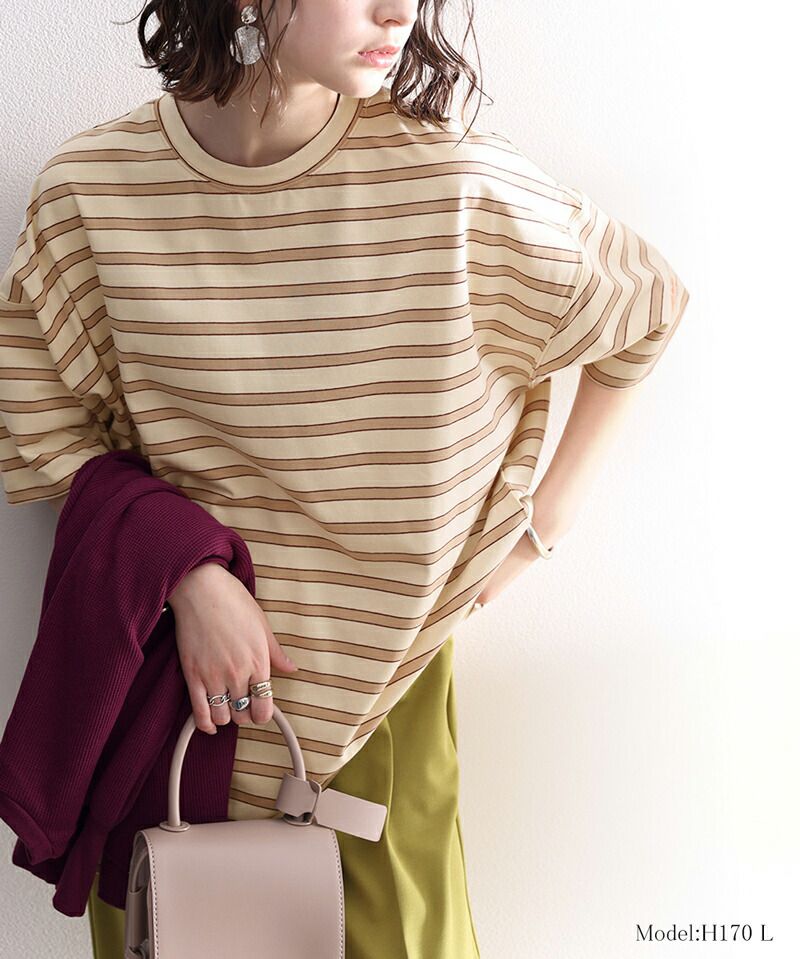 日本 Classical Elf - 圓領橫條紋落肩短袖上衣-淺卡其