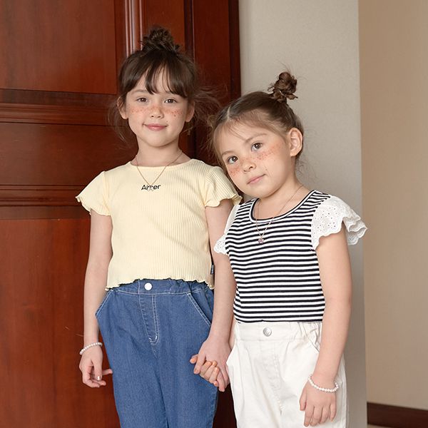 日本 Lycee mine - 迷你刺繡羅紋捲邊時尚短上衣-奶油黃