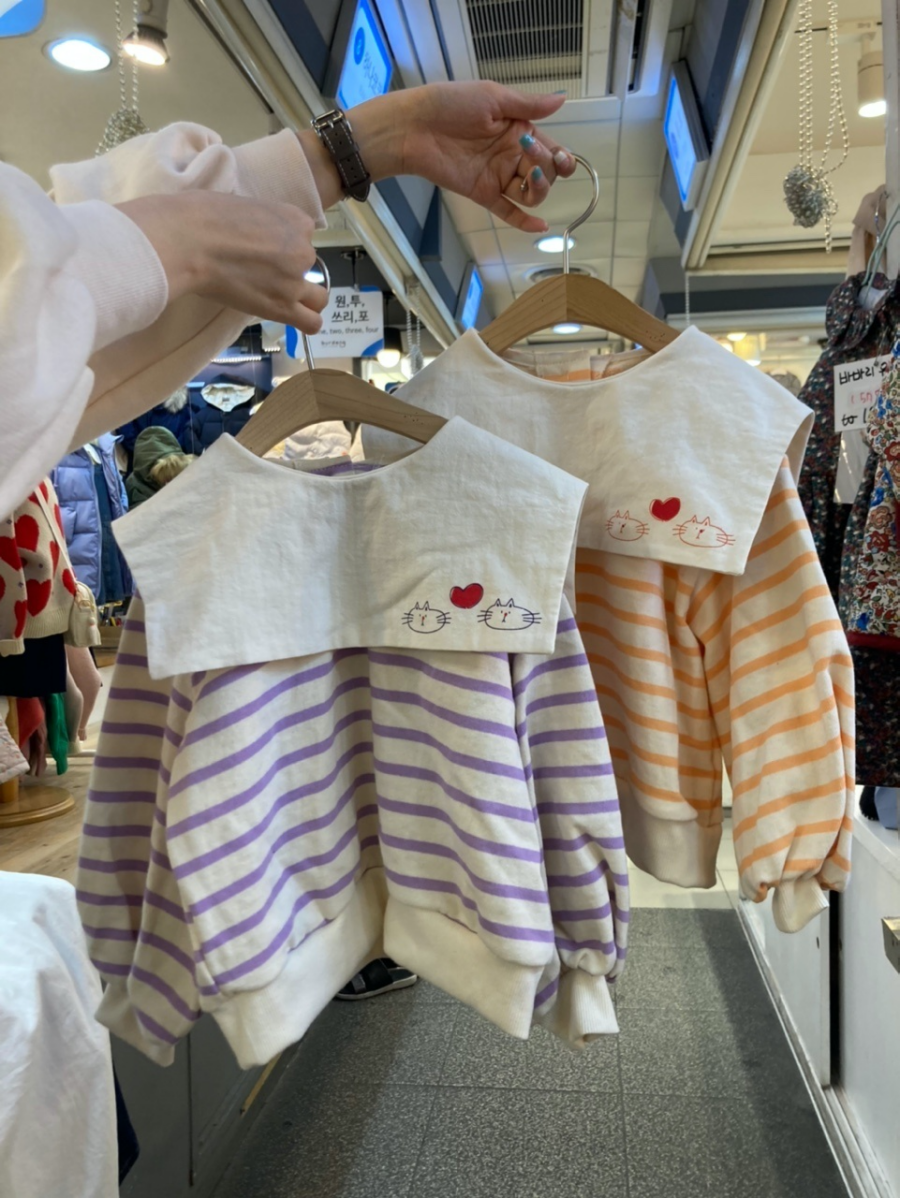 韓國 Orange Mom - 方領條紋貓咪上衣-紫