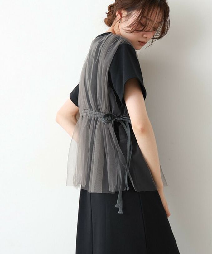 日本 Bab - 層次設計感薄紗拼接短袖洋裝-炭灰