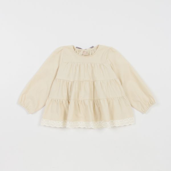 日本 petit main - 背後緞帶分層蛋糕長袖上衣-淺薄荷