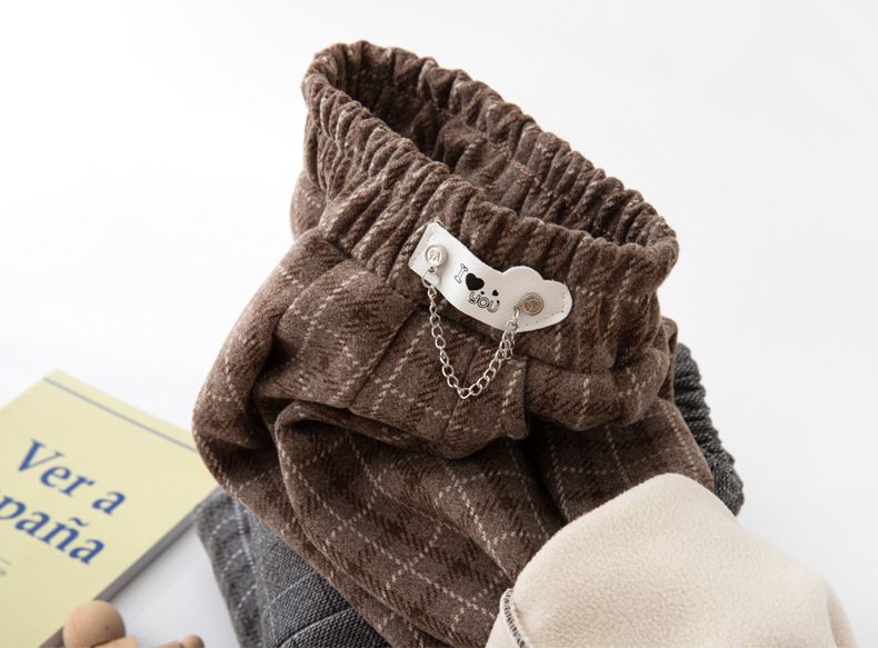 FANMOU - 英倫風加絨腰鬆緊格紋長褲-咖啡色