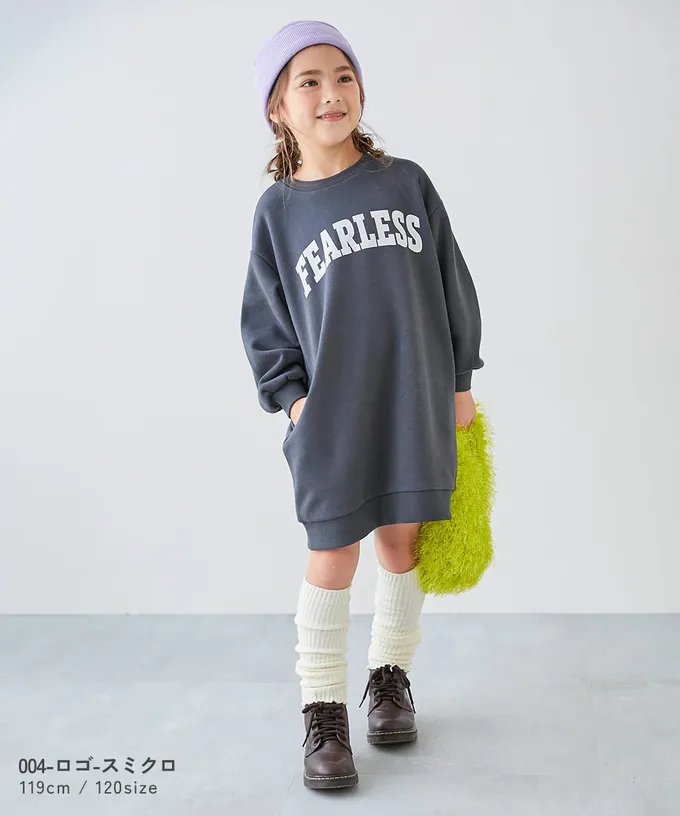 日本 devirock - 裏起毛落肩印花長袖洋裝-英文logo-煙燻粉