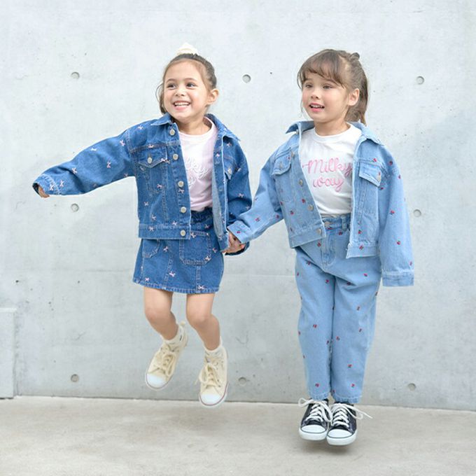 日本 Lycee mine - 甜美刺繡純棉丹寧風褲裙-蝴蝶結-中青