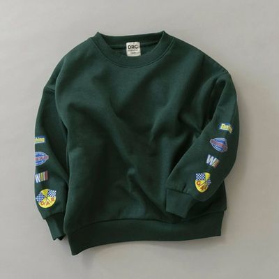 日本 BRANSHES - 街頭塗鴉風裏起毛長袖上衣-袖徽章-濃綠