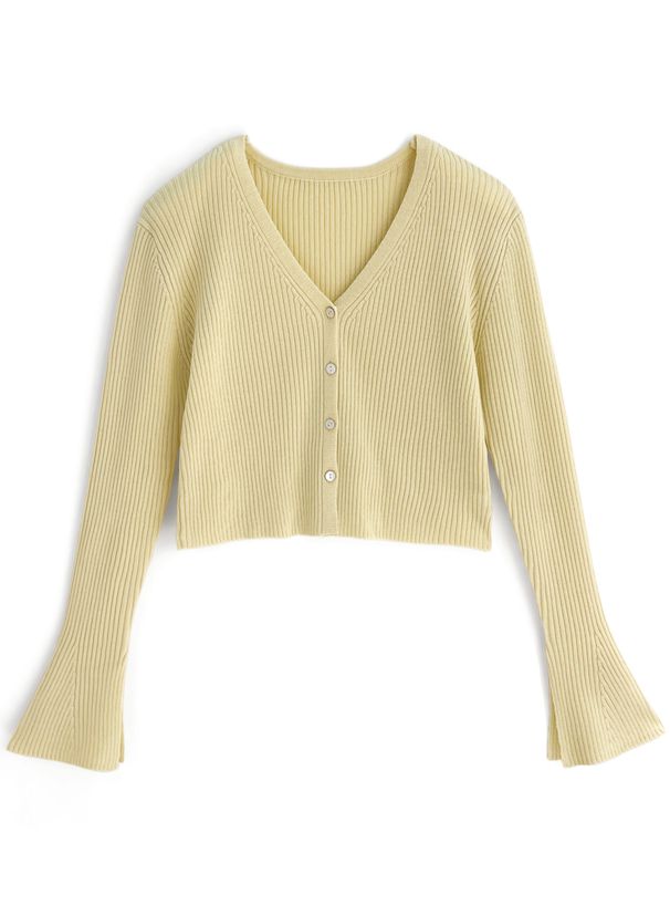 日本 GRL - 早春款V領花朵袖羅紋上衣/薄外套-天使白