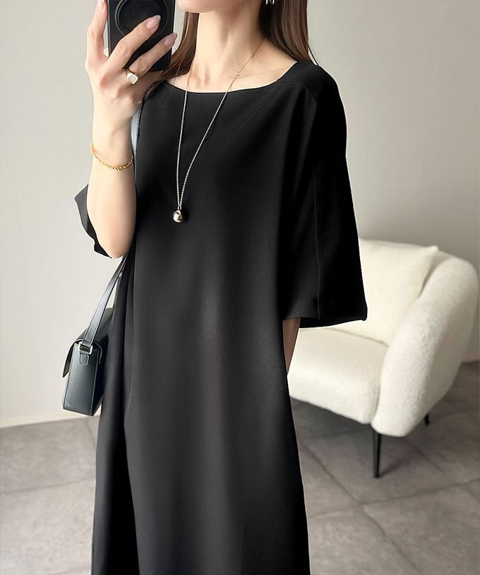日本 Classical Elf - 亞麻感洗練線條短袖洋裝-黑
