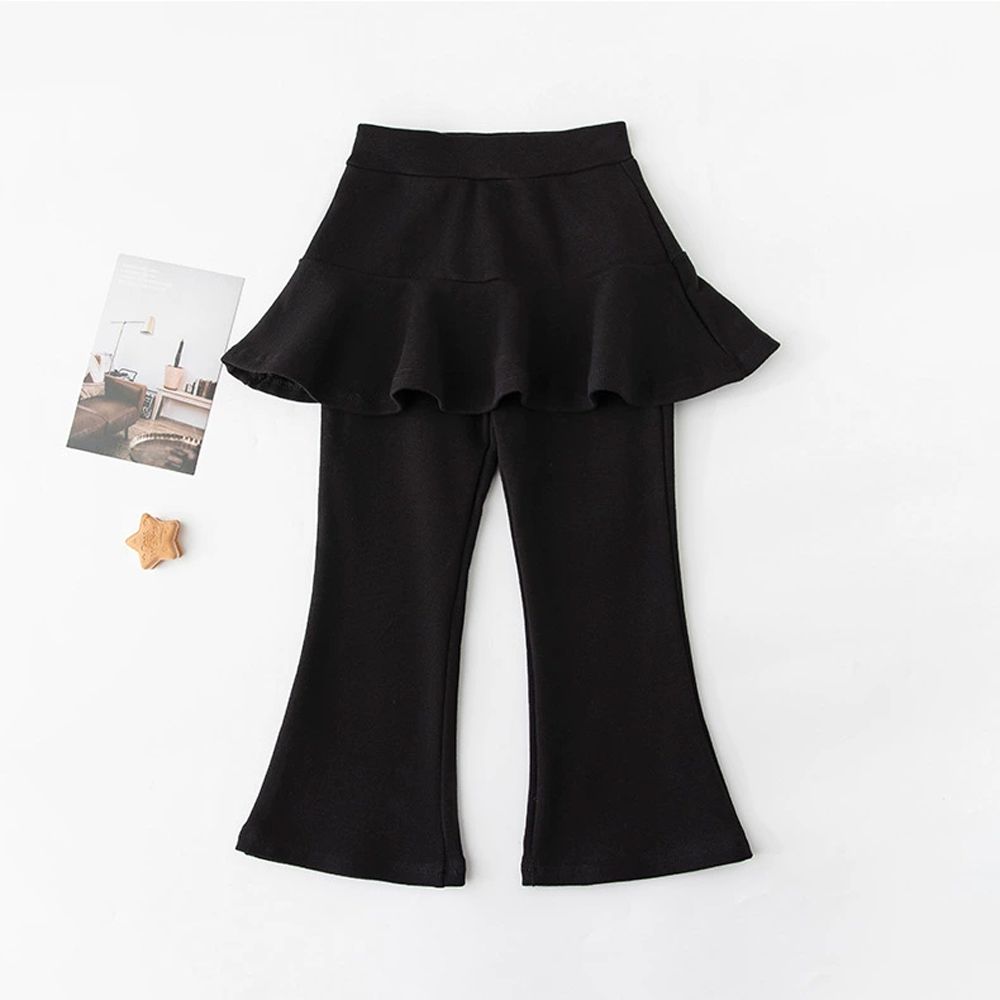 內搭喇叭褲裙-荷葉裙擺-黑色