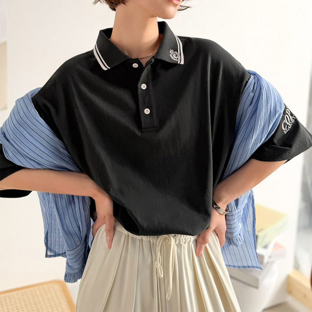 復古風休閒刺繡polo短袖上衣-黑