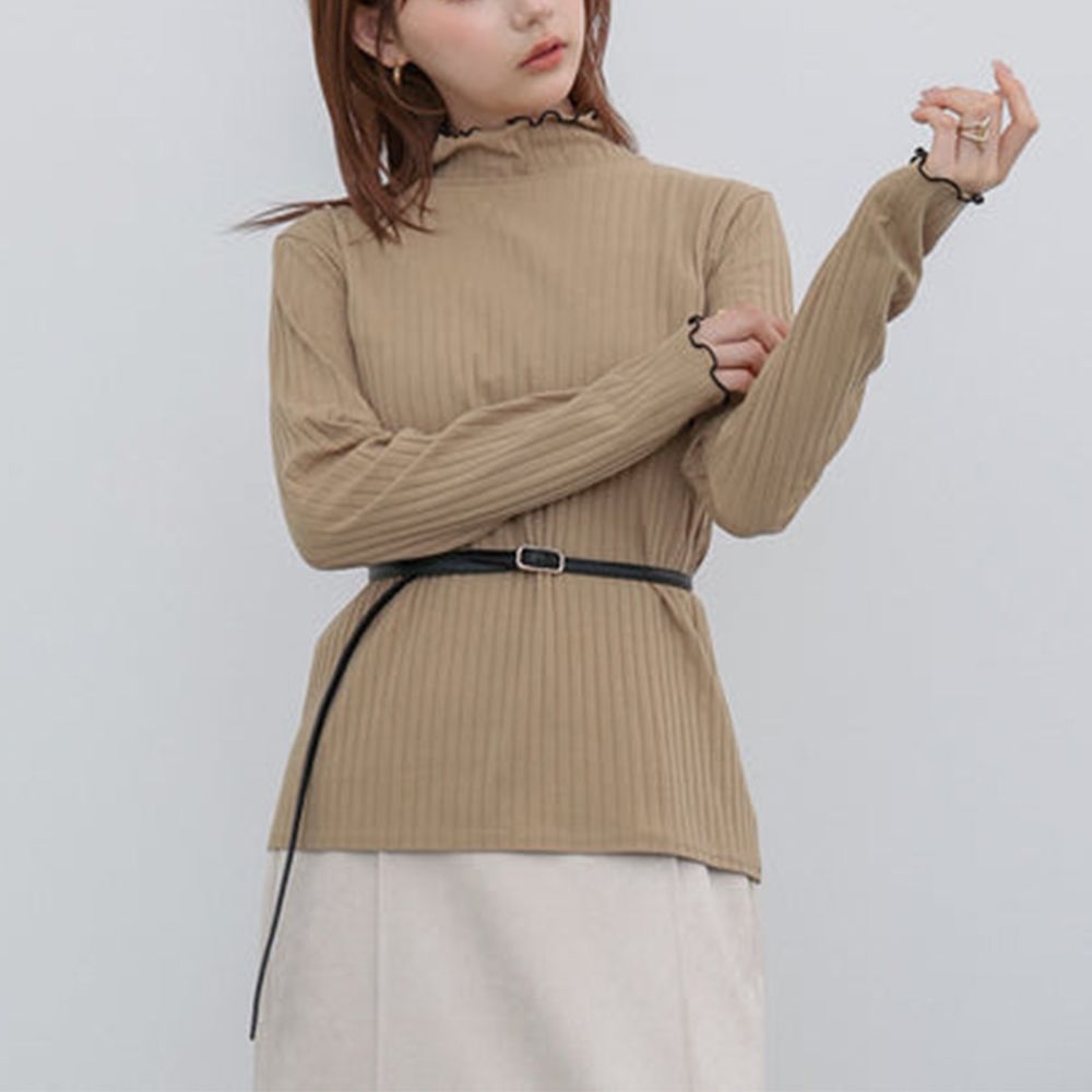 木耳滾邊典雅羅紋長袖上衣-高領-卡其 (M)