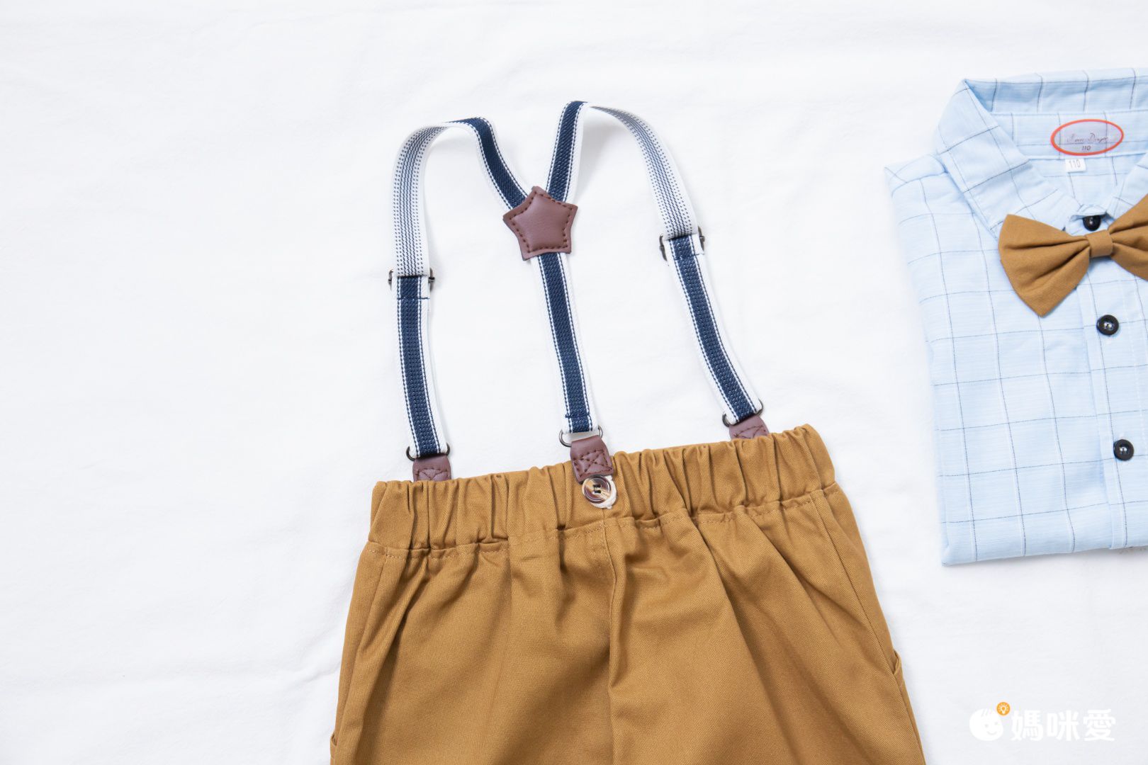 小紳士格紋短袖襯衫套裝-有背帶款-灰+深藍