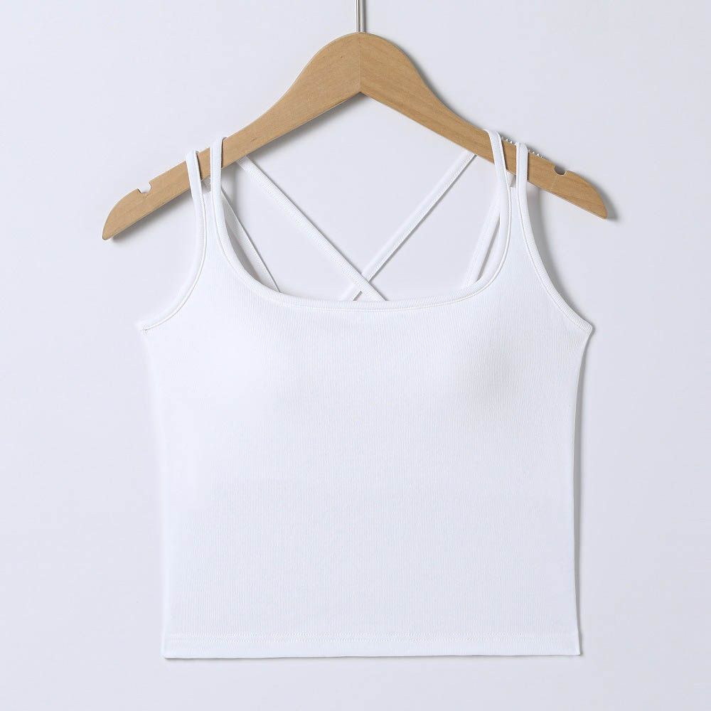 雙肩帶交叉美背BRA TOP/附罩杯上衣-白色