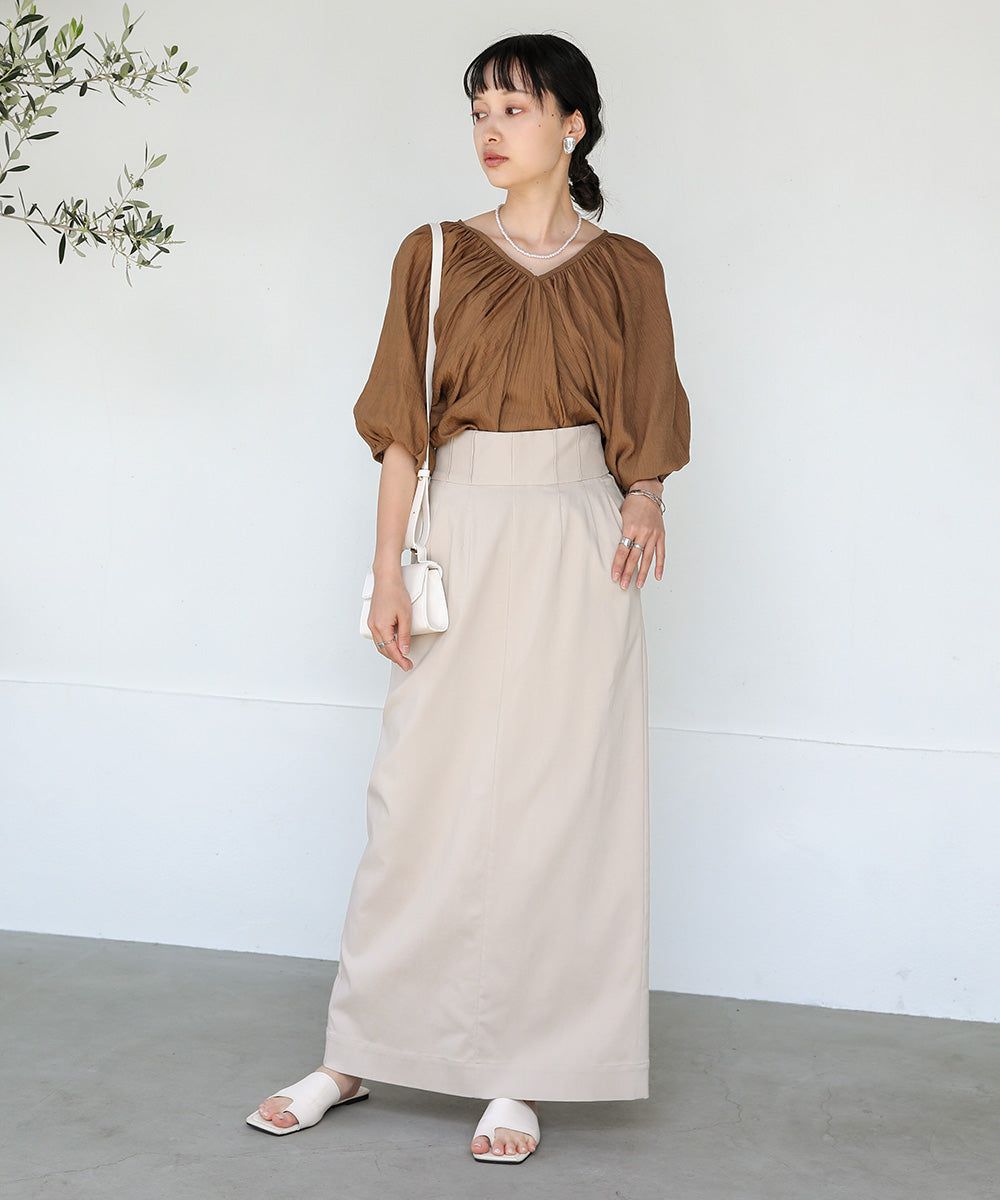 日本 Bab - 嫘縈後綁帶氣球袖上衣-咖啡