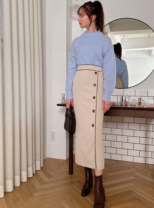 日本 GRL - 復古毛呢感修身鉛筆裙-淺米杏