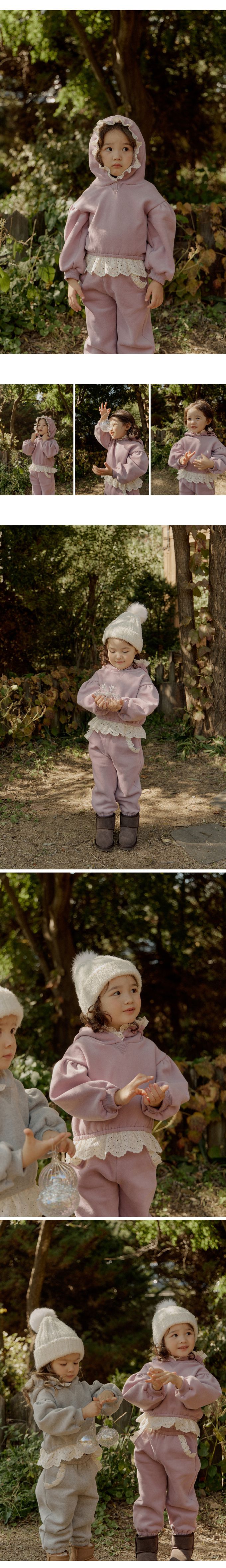 韓國 Puellaflo - 布花蕾絲點綴連帽上衣-粉紫