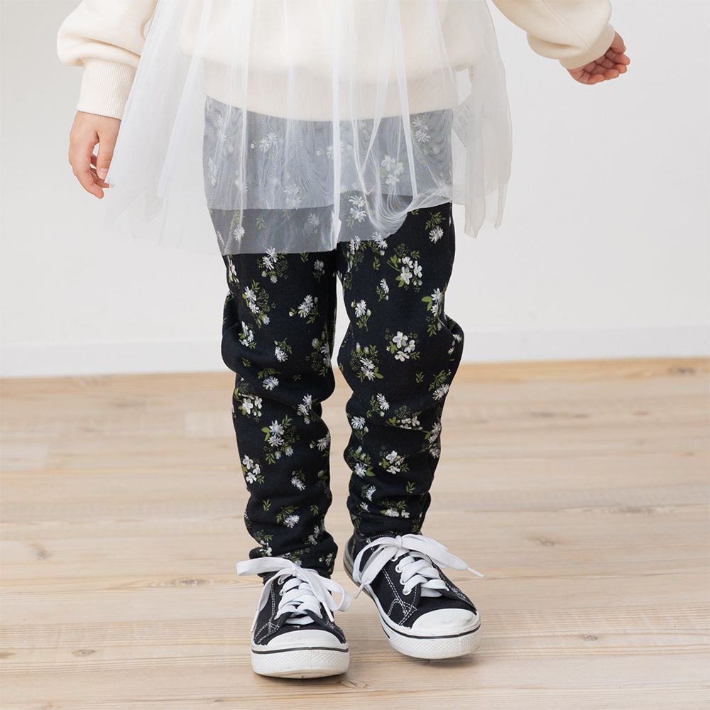 熱銷！刷毛保暖彈力合身長褲-小花-黑