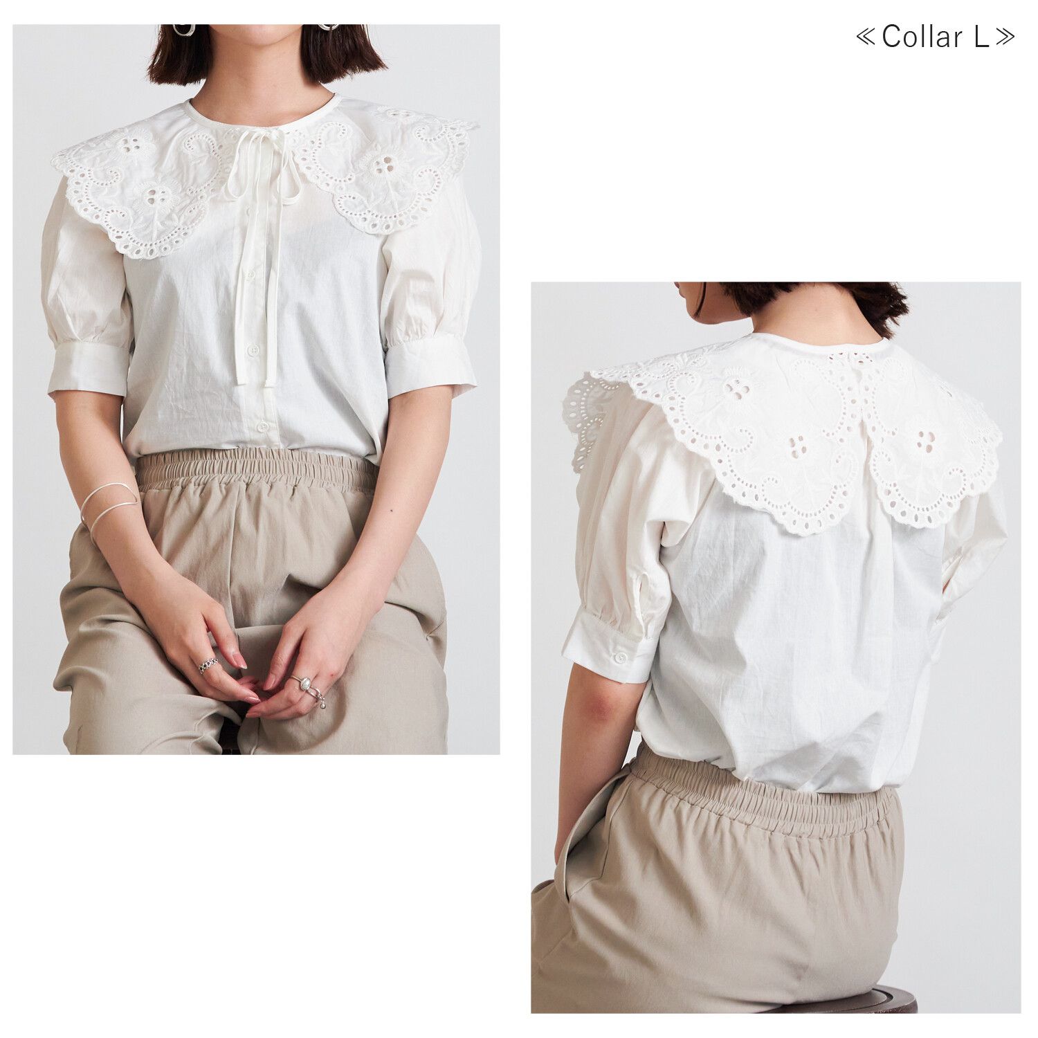 日本女裝代購 - 古典雕花綁帶領 X 五分袖上衣組合-L花瓣弧形-白 (M(Free size))