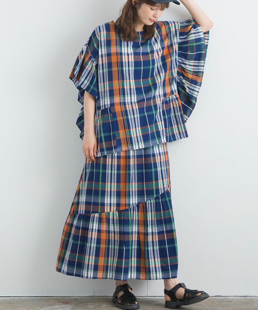 日本女裝代購 - 100%印度棉 超透氣飄逸長裙-大格紋-淺米杏