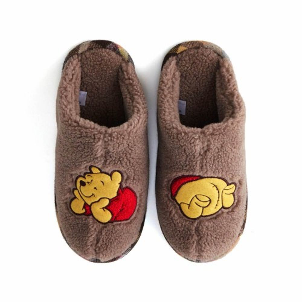 日本千趣會 - 迪士尼 刷毛保暖室內拖鞋-小熊維尼-咖啡