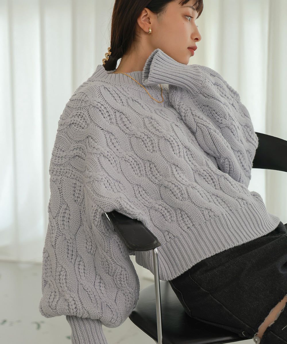 日本 Bab - 麻花編織圓領泡泡袖毛衣-粉膚