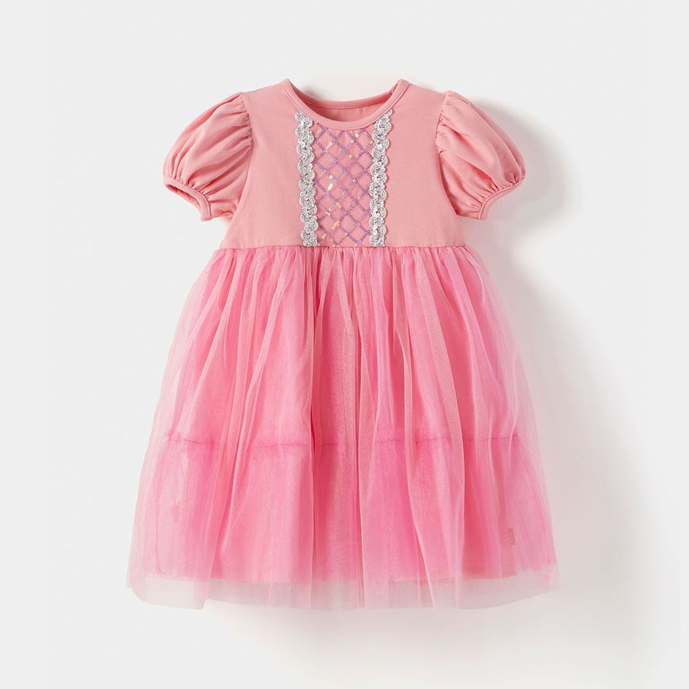 夢幻隱閃網紗泡泡袖公主洋裝-桃粉