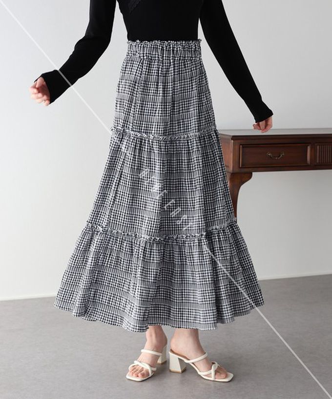 日本 BLUE EAST - 柔美可愛細格紋分層長裙-水藍