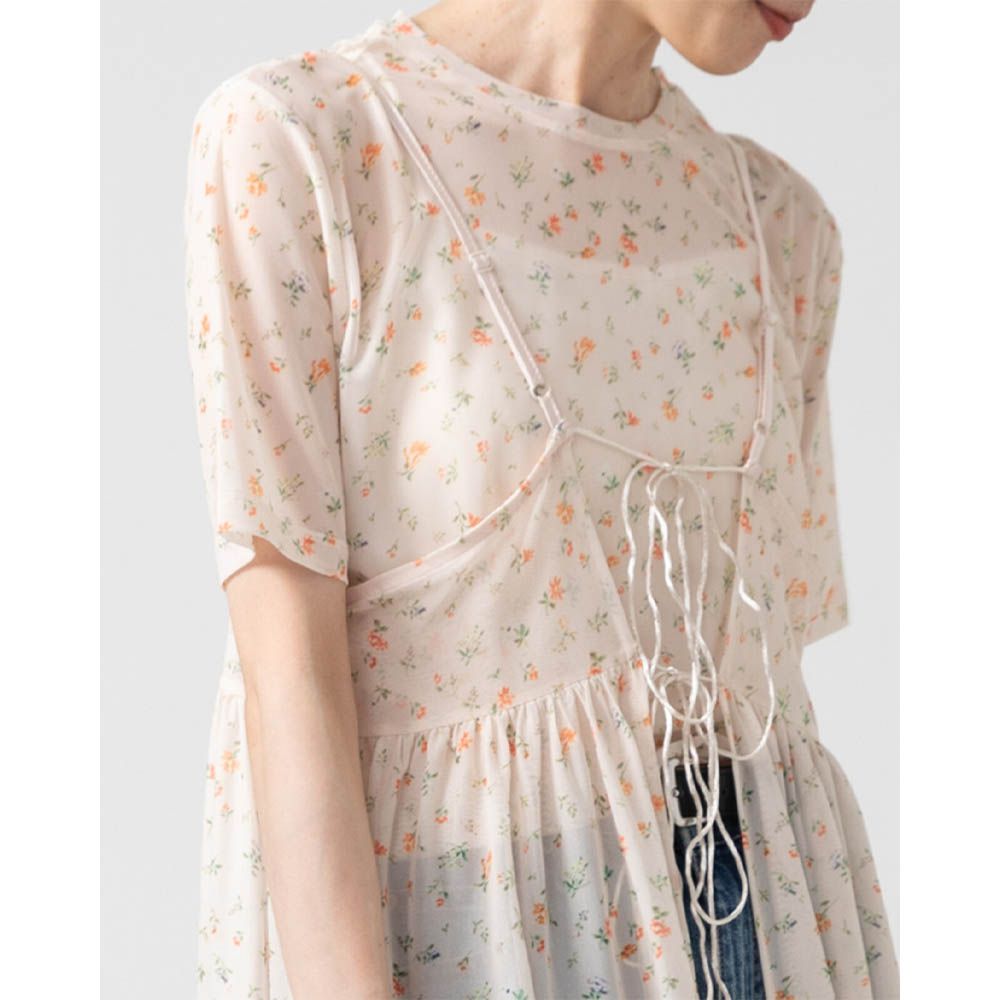 浪漫小花透膚薄紗短袖上衣-象牙米