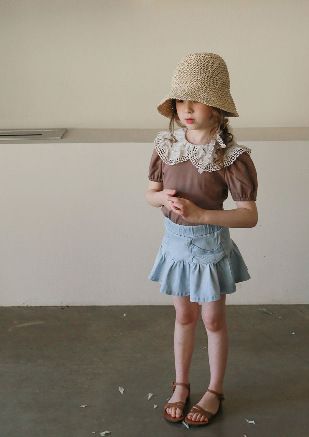 韓國 PuellaFLO - 荷葉裙襬牛仔褲裙-淺藍