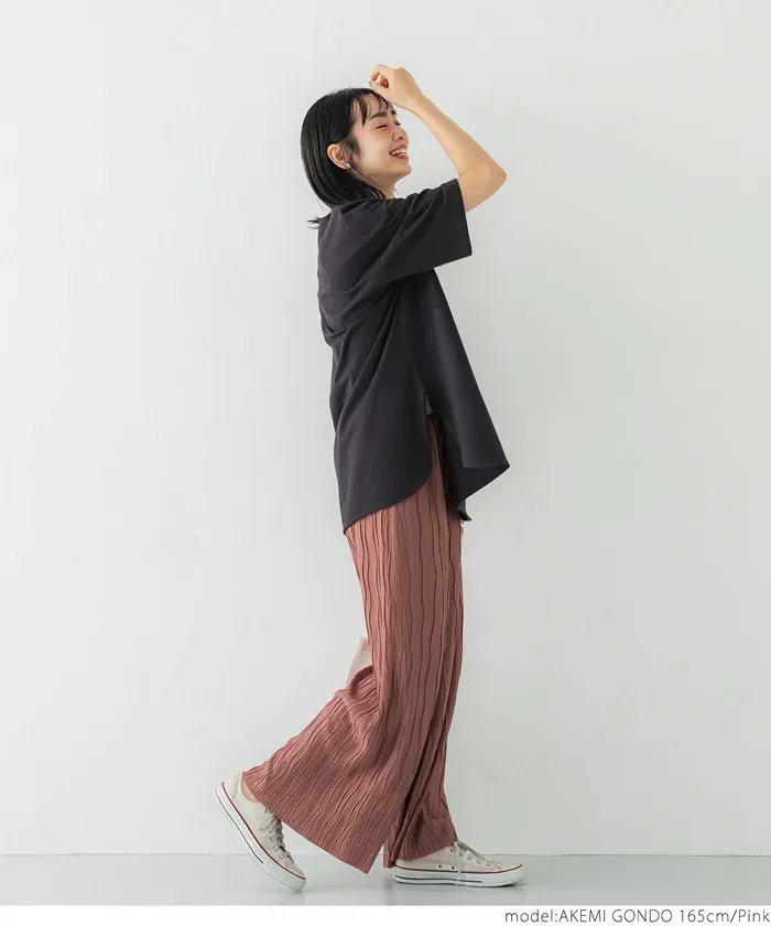 日本 COCA - [可剪裁] 百搭波浪紋垂墜寬褲-草綠