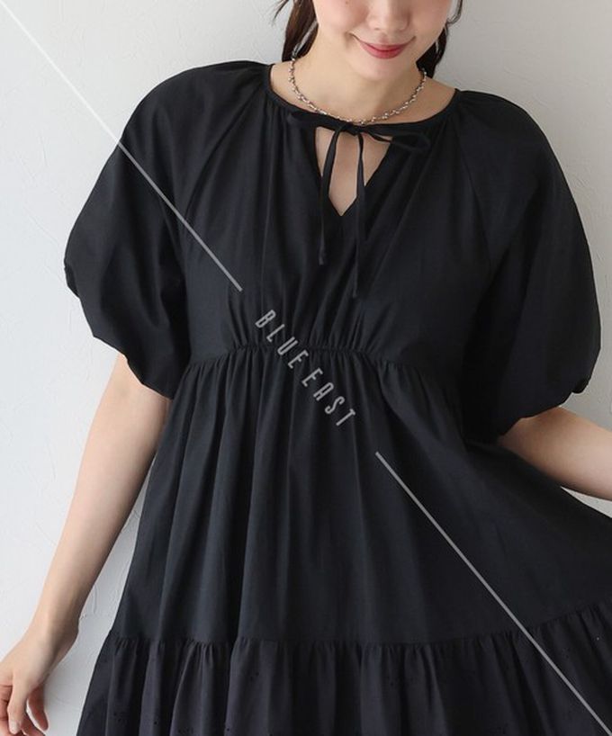 日本 BLUE EAST - 100%棉 下擺精緻蕾絲泡泡短袖洋裝-白