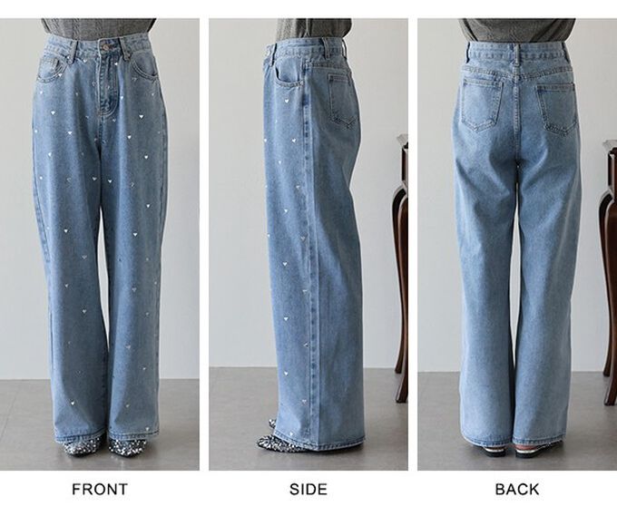 日本 BLUE EAST - 滿版愛心鉚釘高腰丹寧寬褲-淺藍