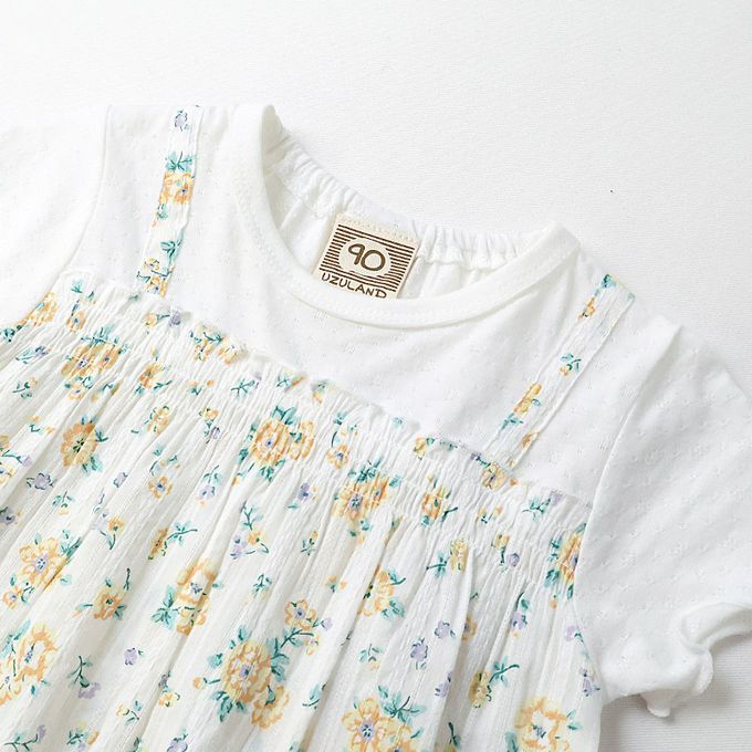 日本 ZOOLAND - 浪漫歐風緹花短袖上衣-假兩件-鵝黃