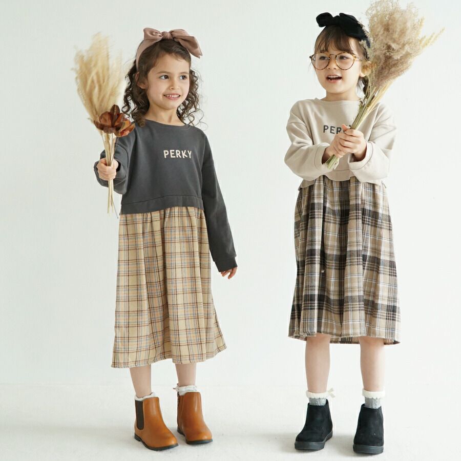 日本 evercloset - 歐風拼接長袖洋裝-格紋-摩卡