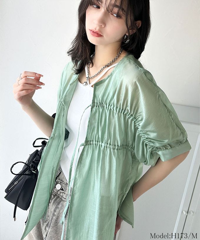 日本 Classical Elf - 前後2way皺折綁帶輕透罩衫上衣-灰杏