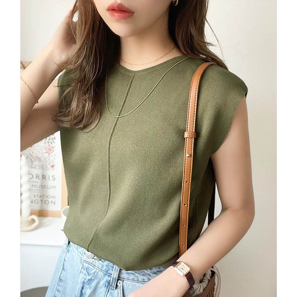 夏季清爽感法式袖針織上衣-軍綠