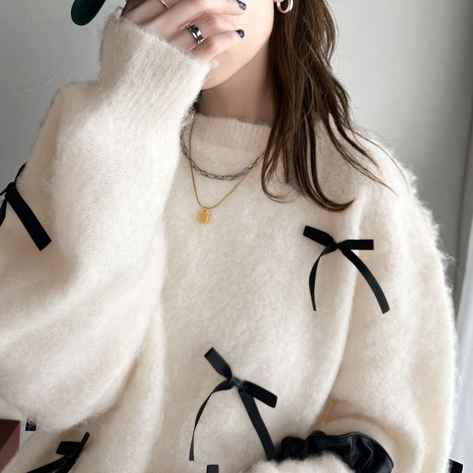日本 Classical Elf - 甜美滿點 毛海蝴蝶結浪漫毛衣-淺灰