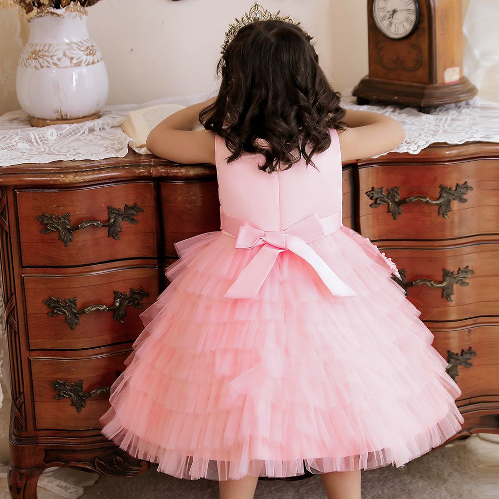 蕾絲網紗無袖蛋糕公主裙-立體蝴蝶結-粉色