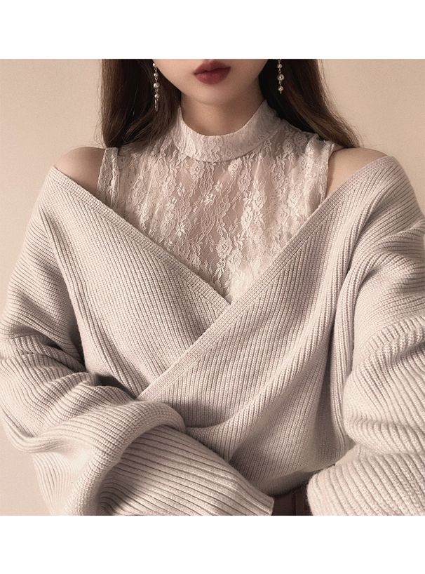日本 GRL - 蕾絲緹花羅紋泡泡袖針織上衣-淺灰杏