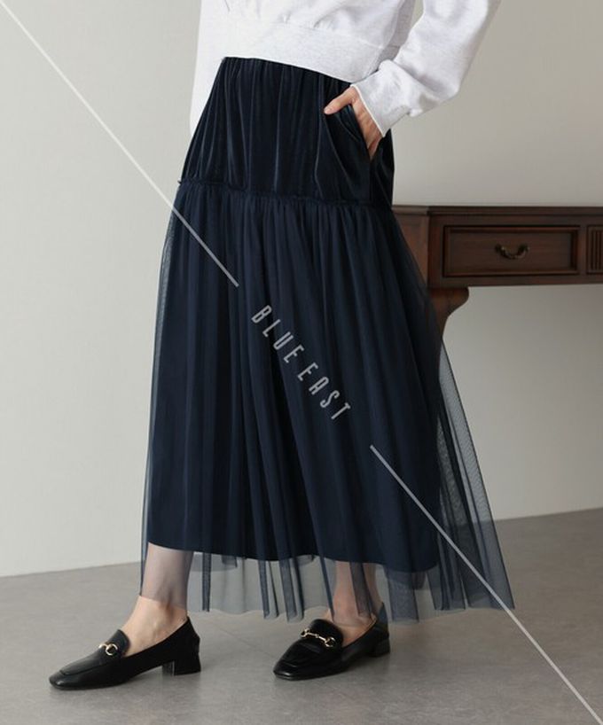 日本 BLUE EAST - 薄紗絲絨拼接飄逸長裙-(可選長度)-黑