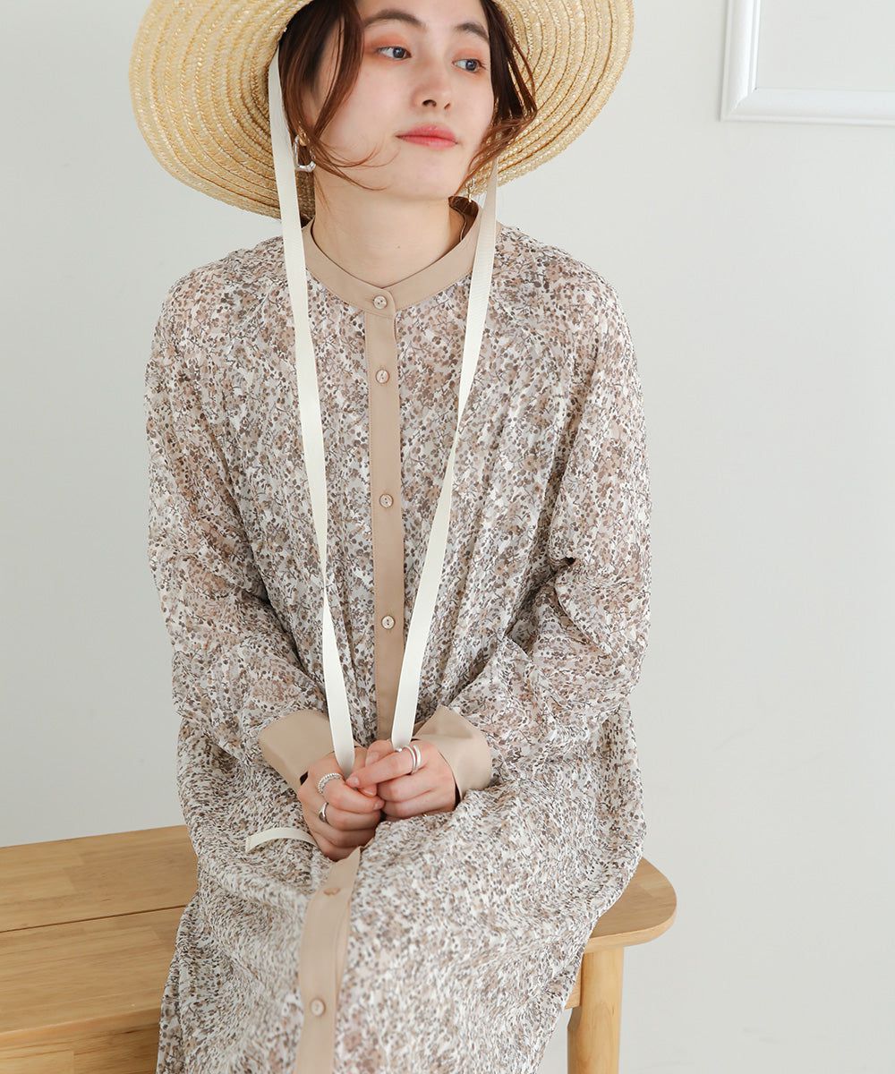 日本 Bab - 文藝浪漫碎花排扣洋裝-石英灰