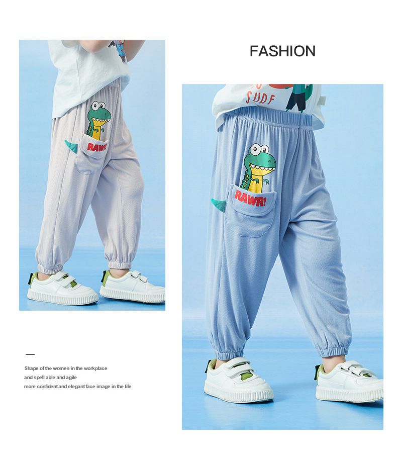 立體卡通圖束口長褲/防蚊褲-大眼睛恐龍-淺藍色