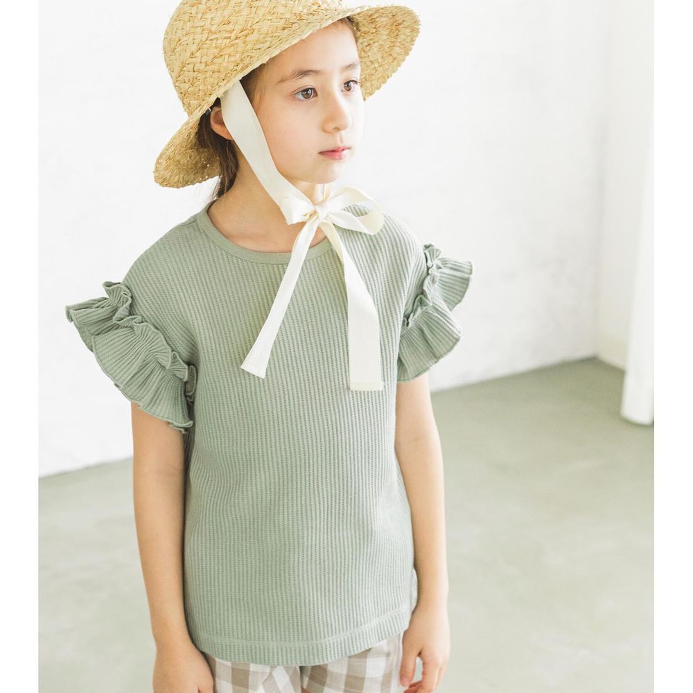 日本 PAIRMANON - 純棉荷葉衣袖拼接鬆餅紋短T-薄荷