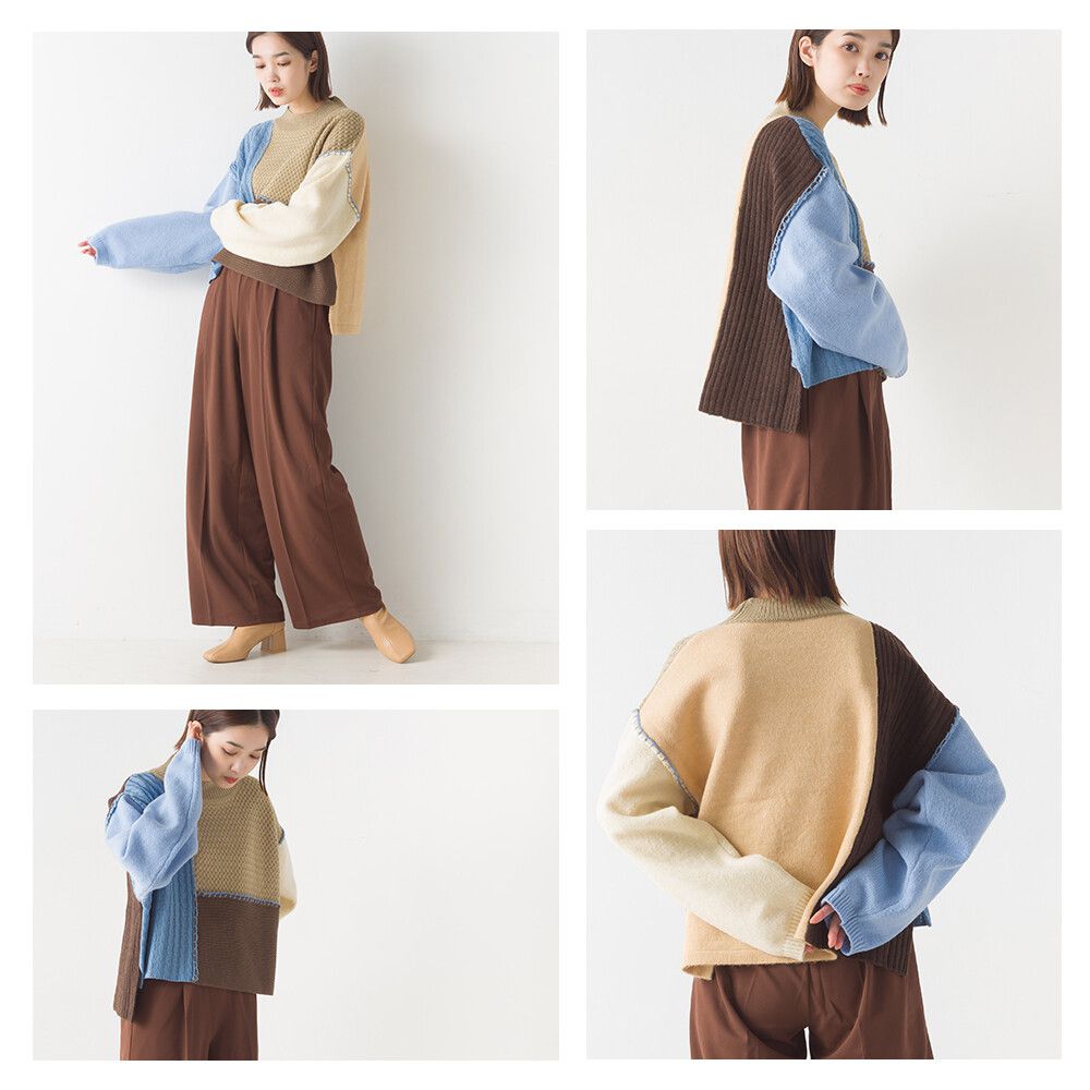 日本 OMNES - 蒙德里安幾何撞色短版毛衣-橘x米