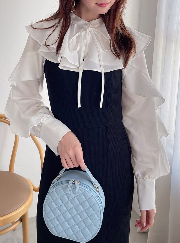 日本 GRL - 浪漫無敵荷葉邊拼接洋裝-白x黑