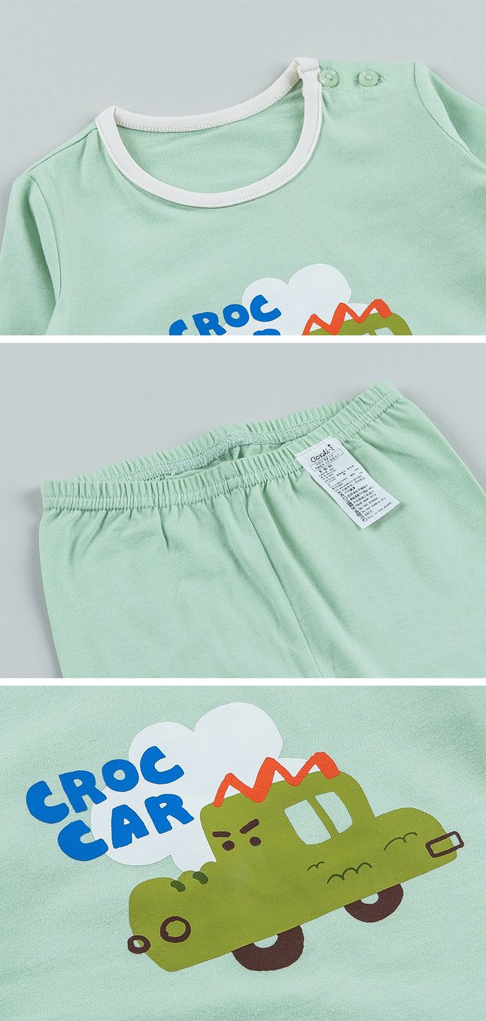 韓國 Cordi-i - 無螢光棉薄款彈性長袖家居服-鱷魚車車-綠