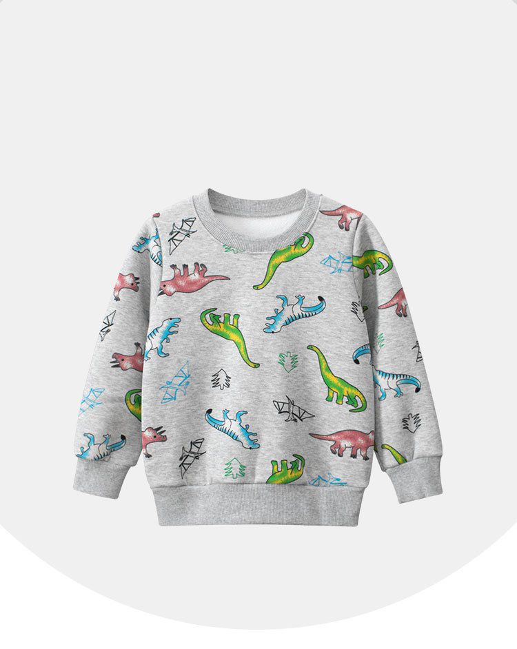 加絨棉質圓領長袖上衣/大學T-塗鴉恐龍-灰色